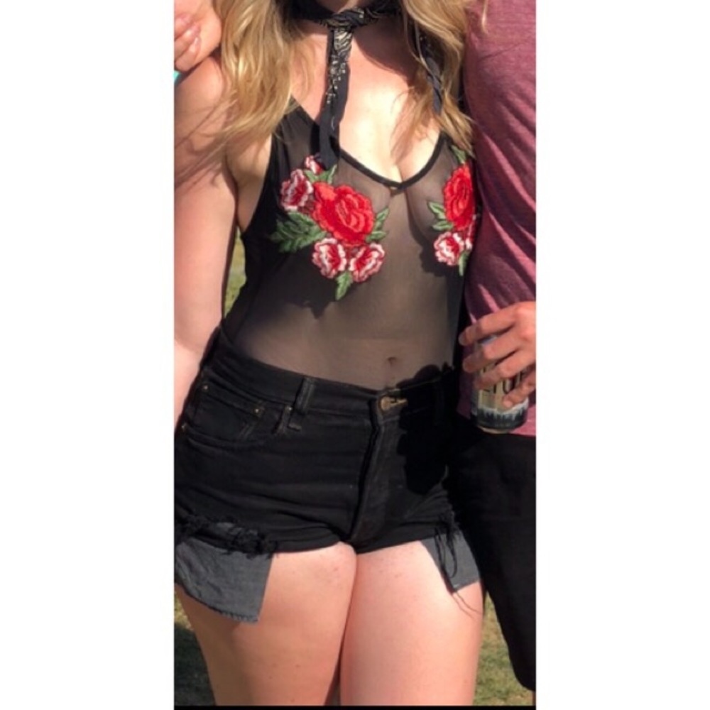 Sheer black rose embroidered bodysuit
